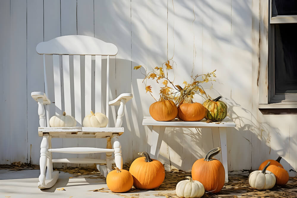Herbstdeko mit Kürbissen für die Terrasse und den Hauseingang